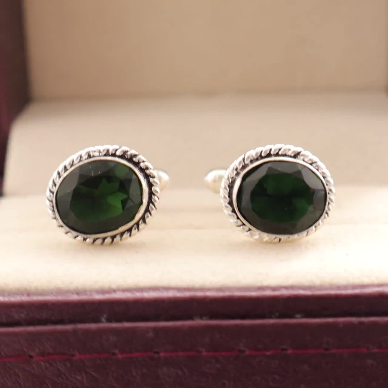 グリーントルマリンシルバーカフスボタン、925スターリングシルバー