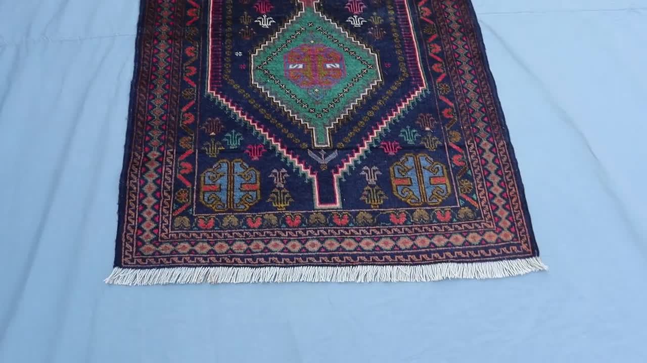 9'8 x 3フィート ネイビーブルー ヴィンテージ ランナーラグ アフガン