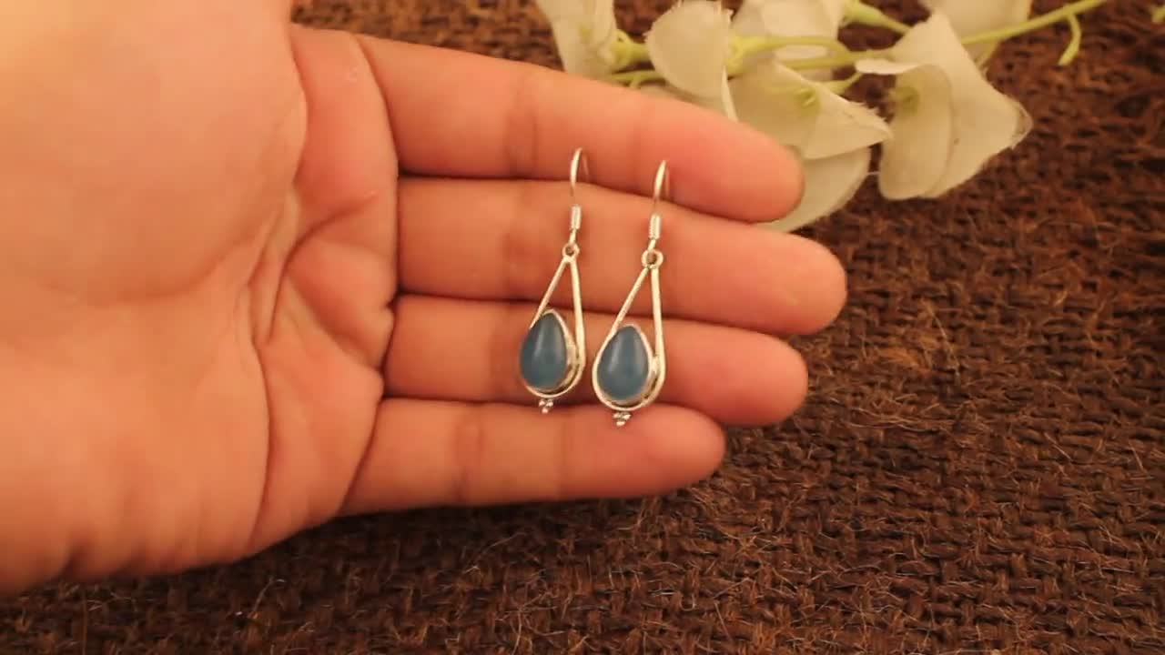 Blue Chalcedony Silver Earrings | 925 Sterling Solid Silver Earrings | Pear  Shape Gemstone Earrings | Christmas Gift | Gift For Her2023Etsy
