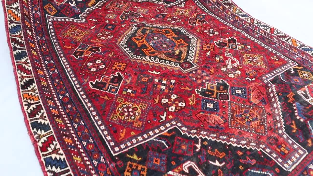 ヴィンテージ アフガン ラグ：手織りウール、幾何学模様のネイビー