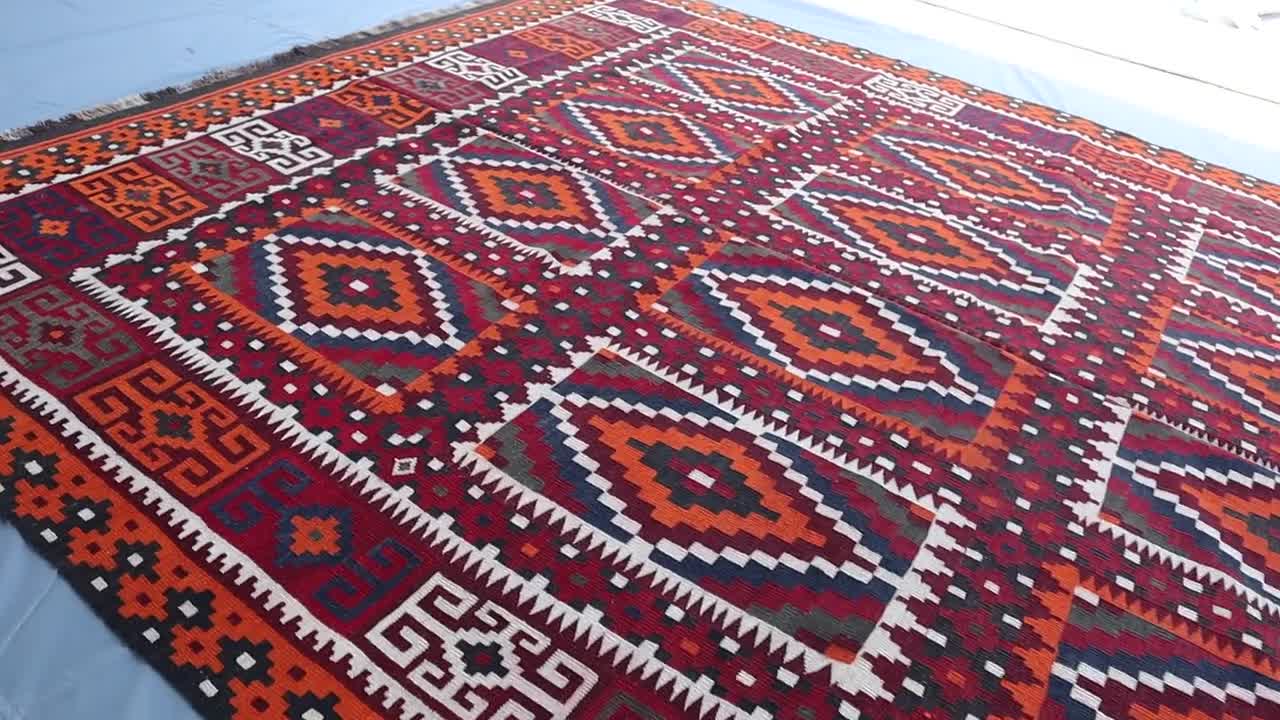 ヴィンテージ アフガン キリム ラグ：8.4×11.5フィート、赤橙色幾何学