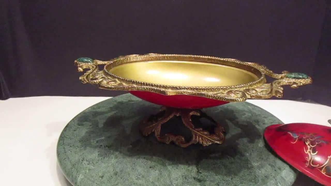 Shops Brass Red Enamel Covered Bowl Brass Handle on Lid , VTG Brass Enamel Bowl