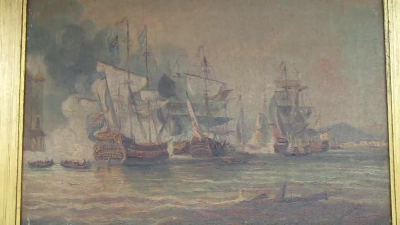 ヴィンテージ船の戦闘画：キャンバスに描かれたオリジナル油彩画（42 x