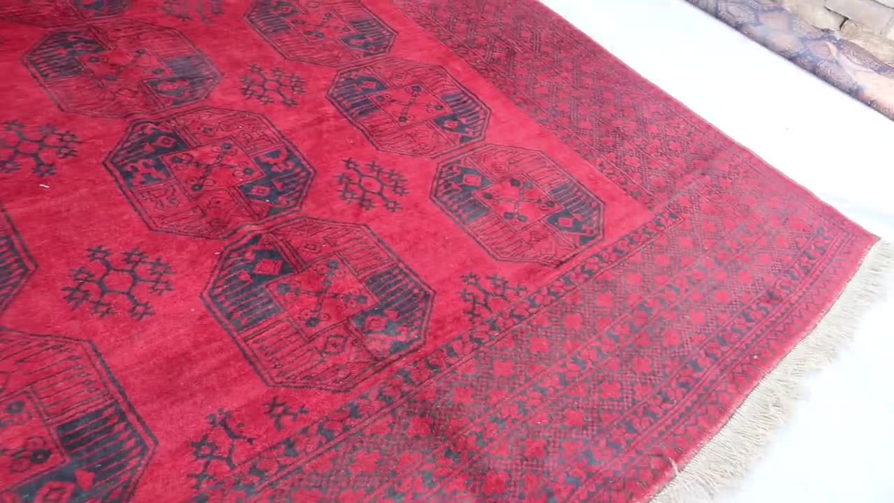 9x12 大型アフガンラグ、手織りレッドヴィンテージエリアラグ、ウール