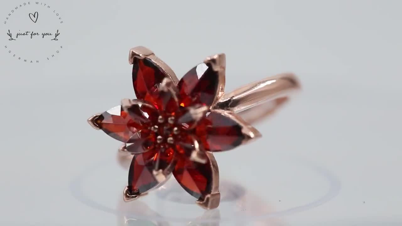 Red Lotus Flower Sterling Silver Ring, Handmade Jewelry