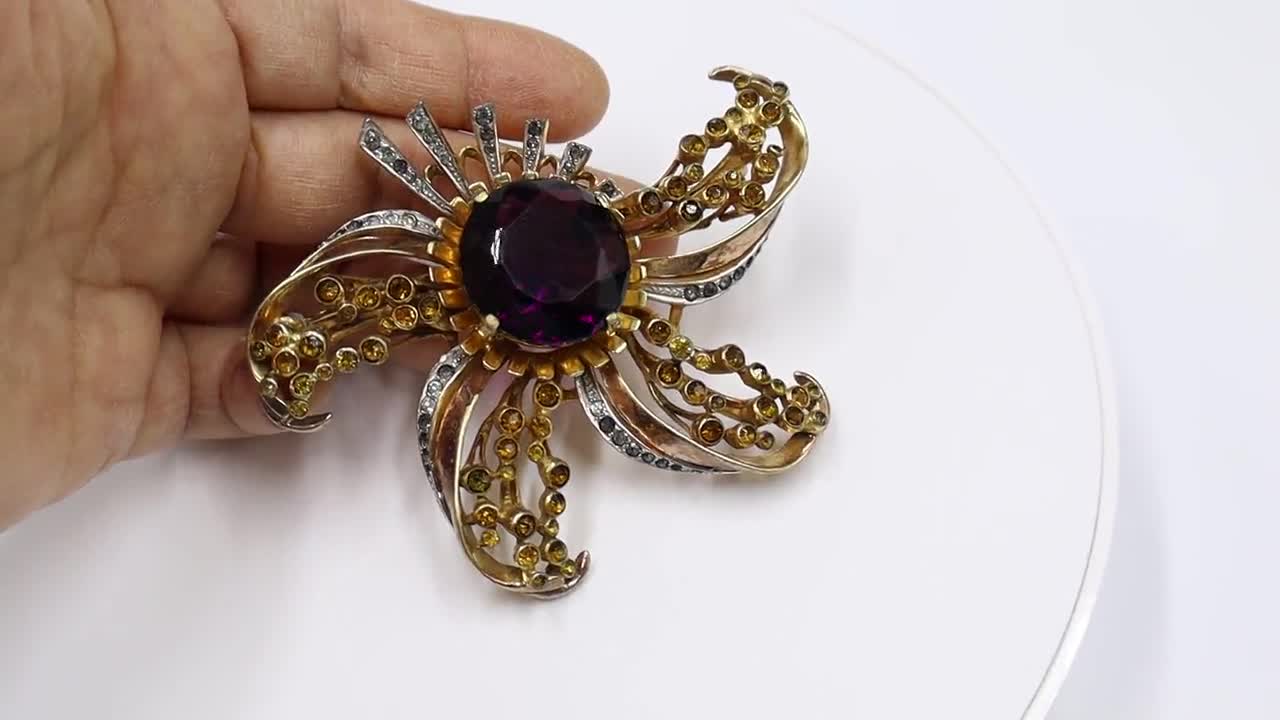 Broche Vintage Années 1960 Fleur En Strass Bicolore Marron - État Bon, Bijou Rétro
