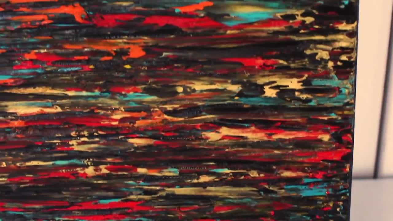 50 x 40 cm Dunkel Schwarz Rot Strukturiert Gelb Original Abstrakte Malerei, Zeitgenössische Kunst auf Leinwand | Nacht | Jill Krutick Fine Art video poster
