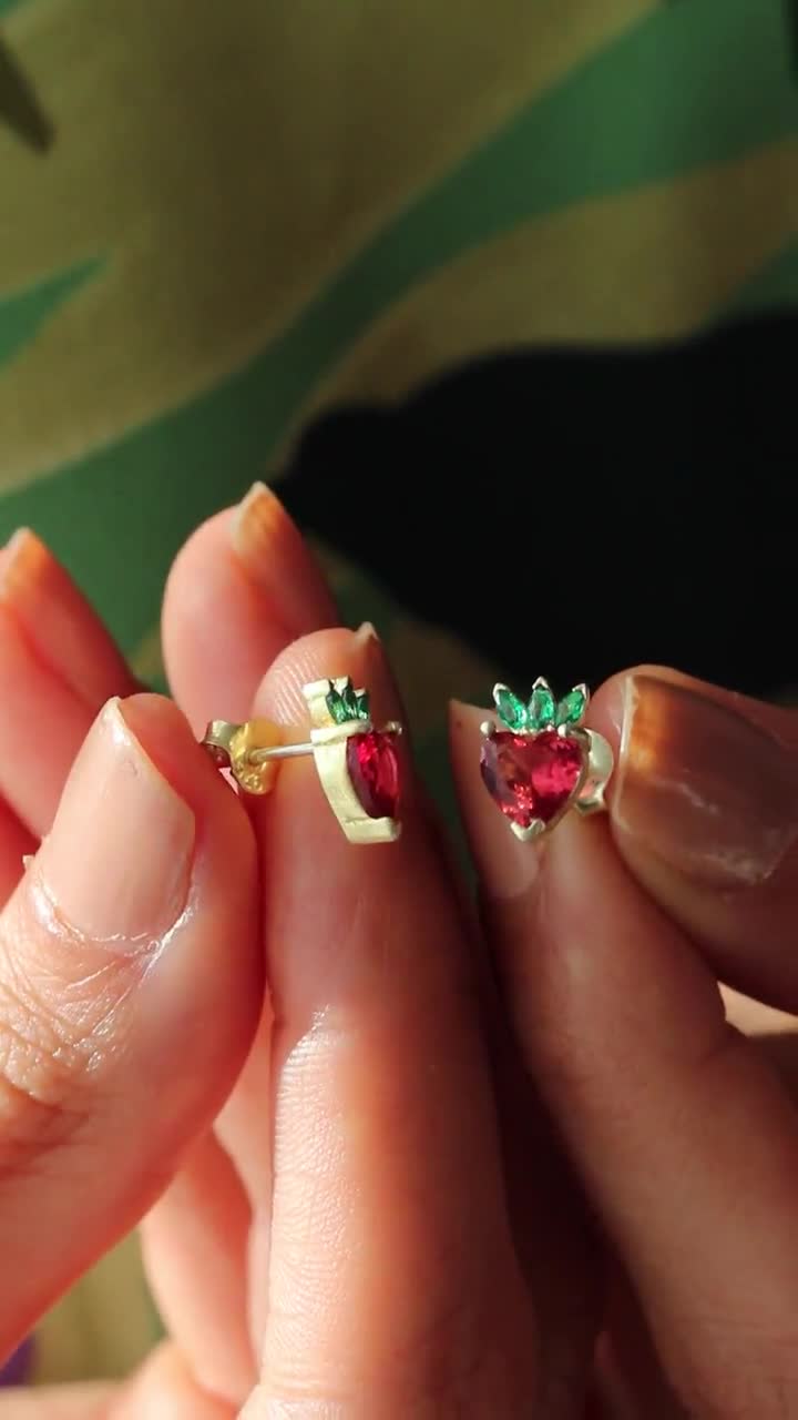 Strawberry Earring, Silver Strawberry Earrings, Fruit