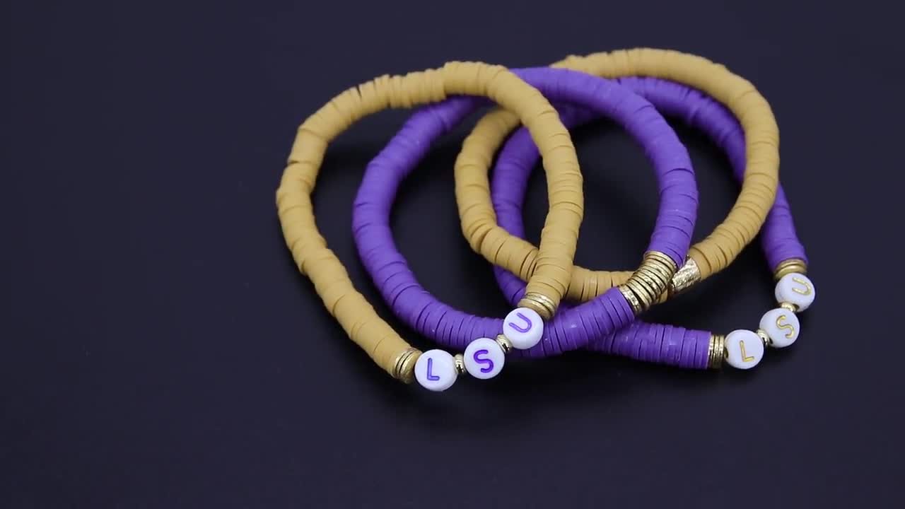 Heishi Beaded Bracelet, Purple and Gold Stretchy Bracelet #698, LSU Tiger Team Spirit Clay Beaded Bracelets #1 Yellow Bead/LSU
