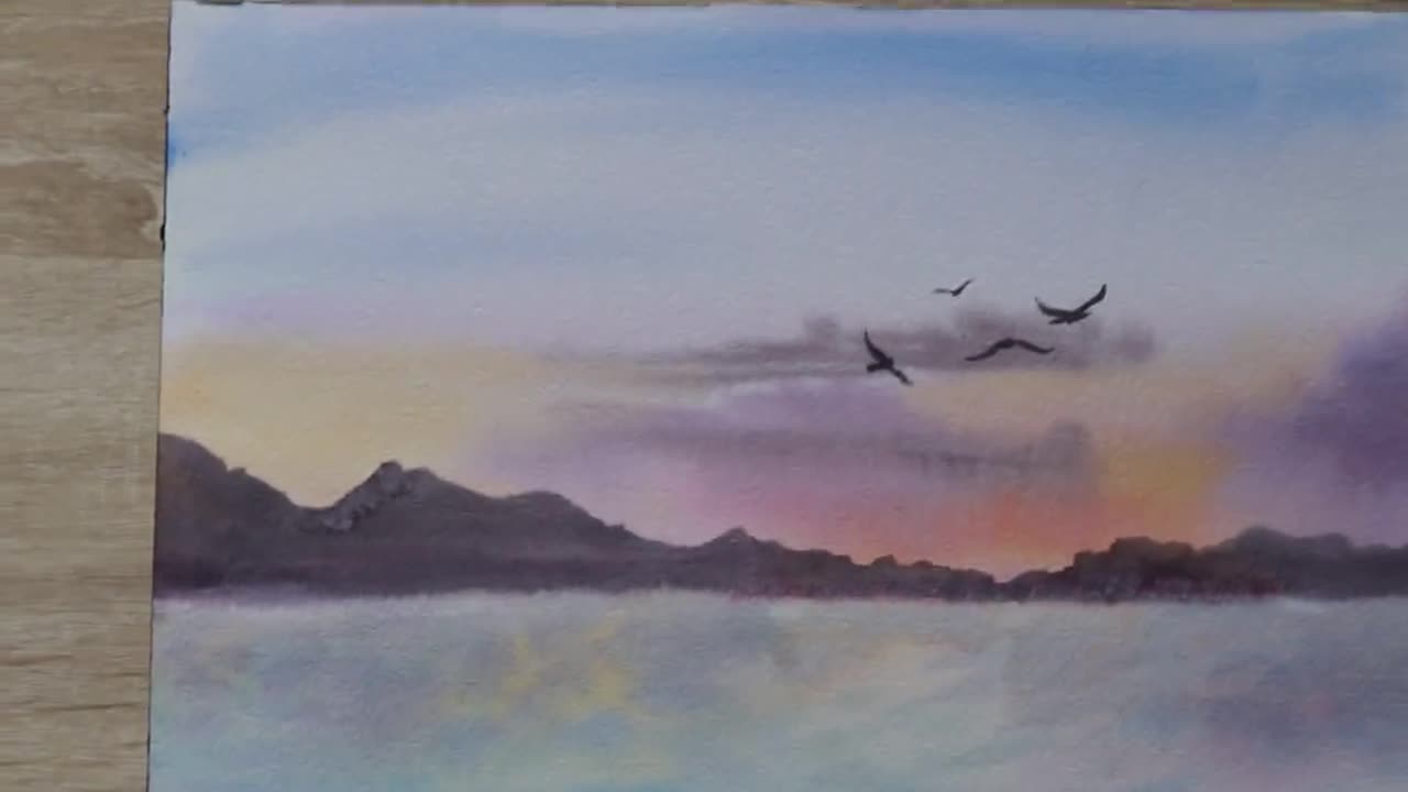 湖の夕日のアートワーク | 水彩風景画 | 空の鳥の壁飾り 9x12 インチ