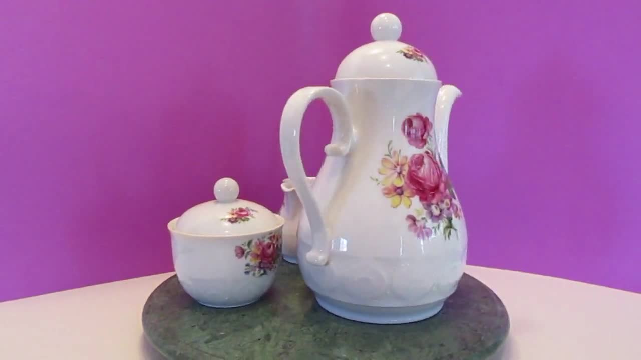 Schirnding Bavaria Tea Set: 1970s Porcelain Teapot, Sugar Bowl