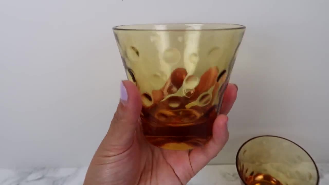 5 AMBER DOT Glasses Vintage Set Short Cocktail Tumbler Glass Cups Gold  Marigold Circle Pattern Kitchen Dining Drinkware Barware 80s 