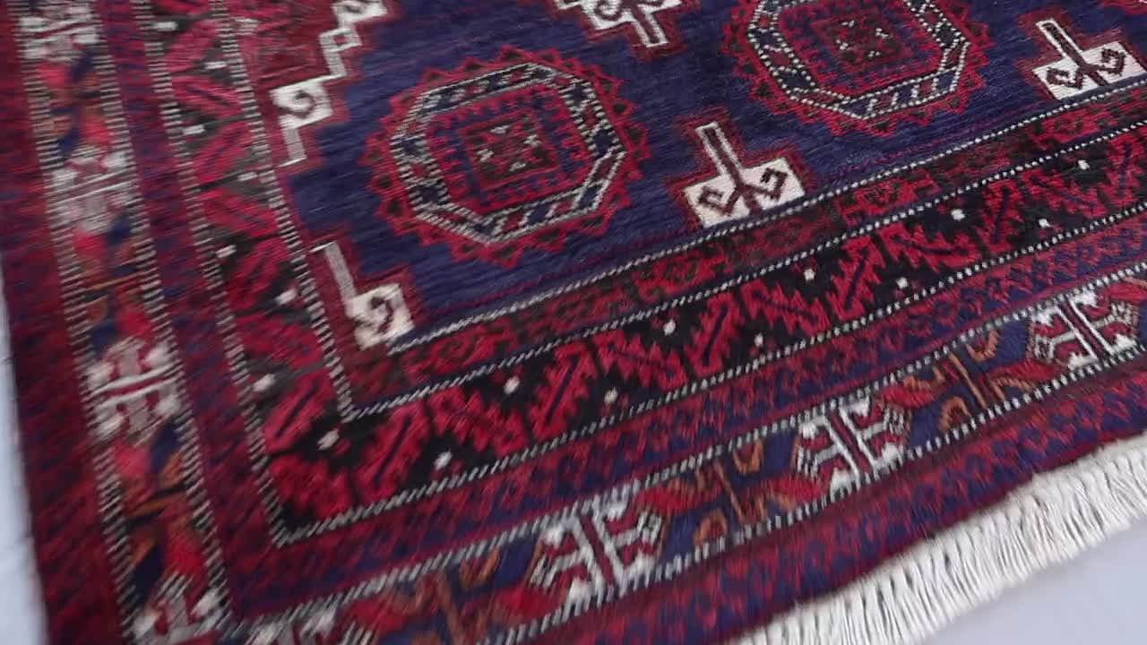 4x7 アフガニスタン ヴィンテージ ラグ、ネイビー ブルー レッド