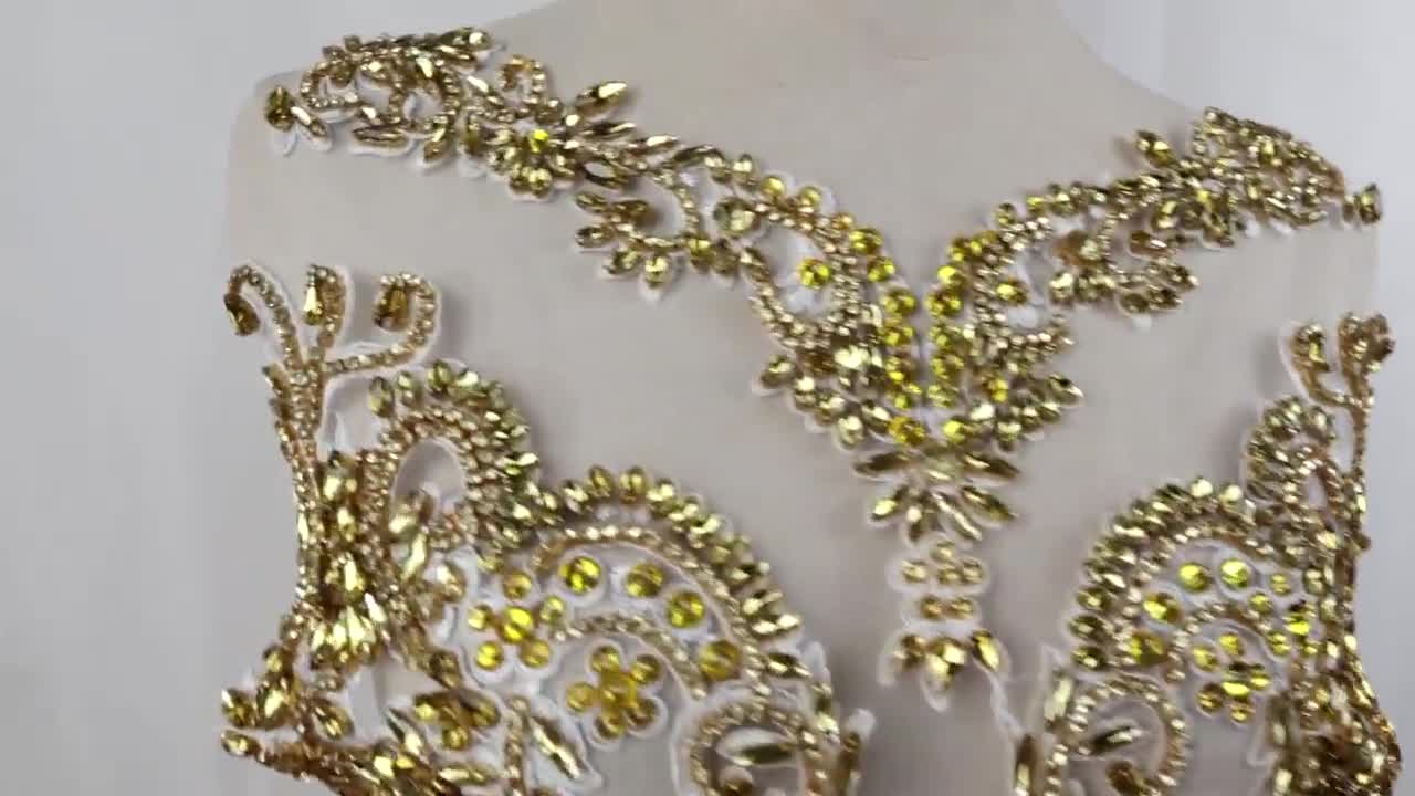 deluxe rose gold rhinestone applique, V collar front bodice white lace –  uartcrafts