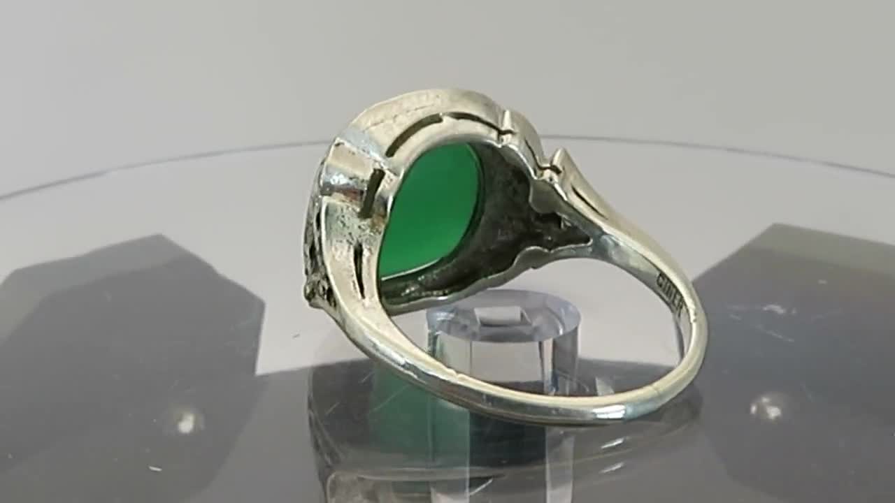 Art Deco Ciner Sterling Silver Green Stone Marcasite Ring