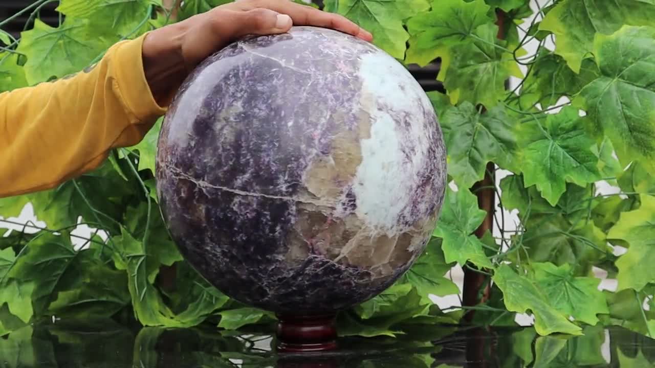 Reiki Infused Purple Lepidolite Crystal Sphere: Healing Stone, Yoga Decor (265MM) video poster