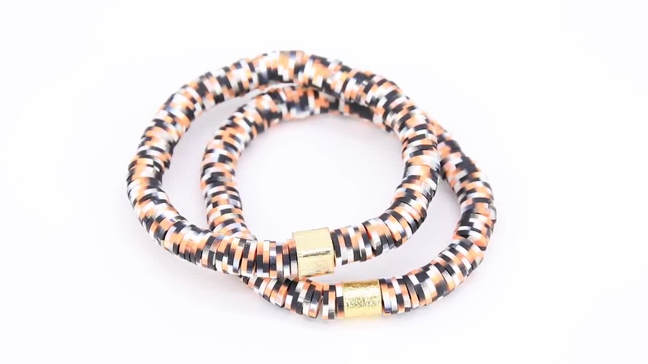 Heishi Clay Beaded Bracelet, Black, Orange White Gold Stretchy Bracele – A  Girls Gems