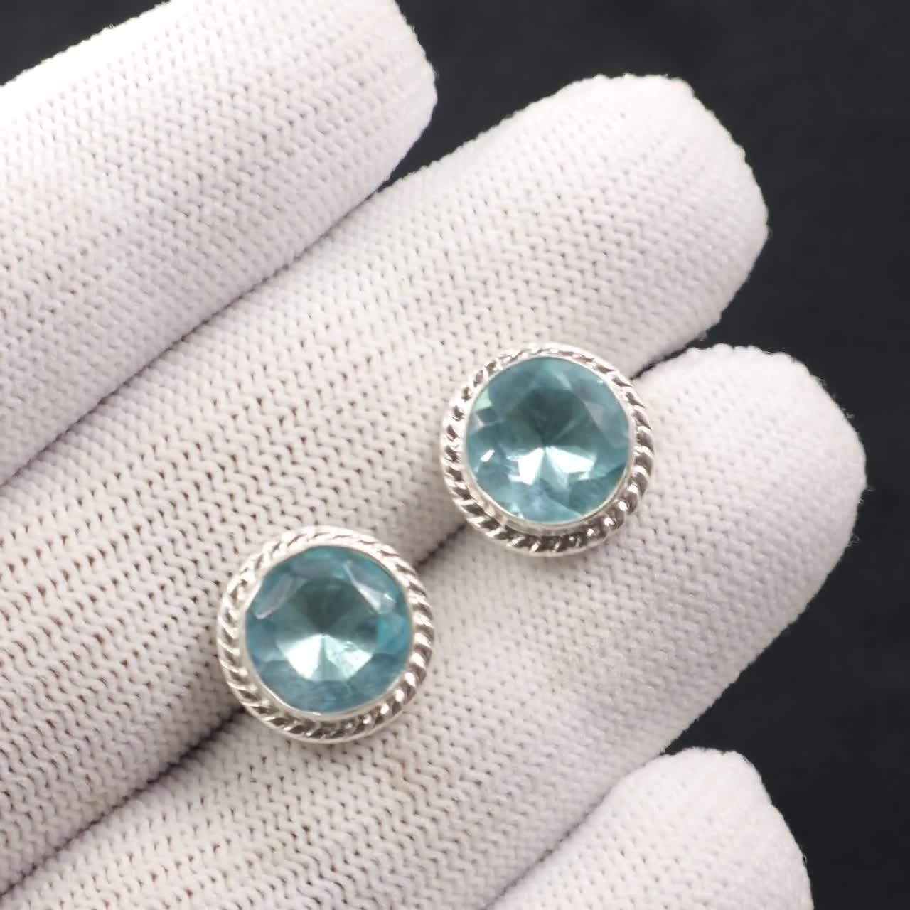 Boucles D'oreilles Clous En Argent Sterling 925 - Topaze Bleue De Londres Créée En Labo - Fait Main