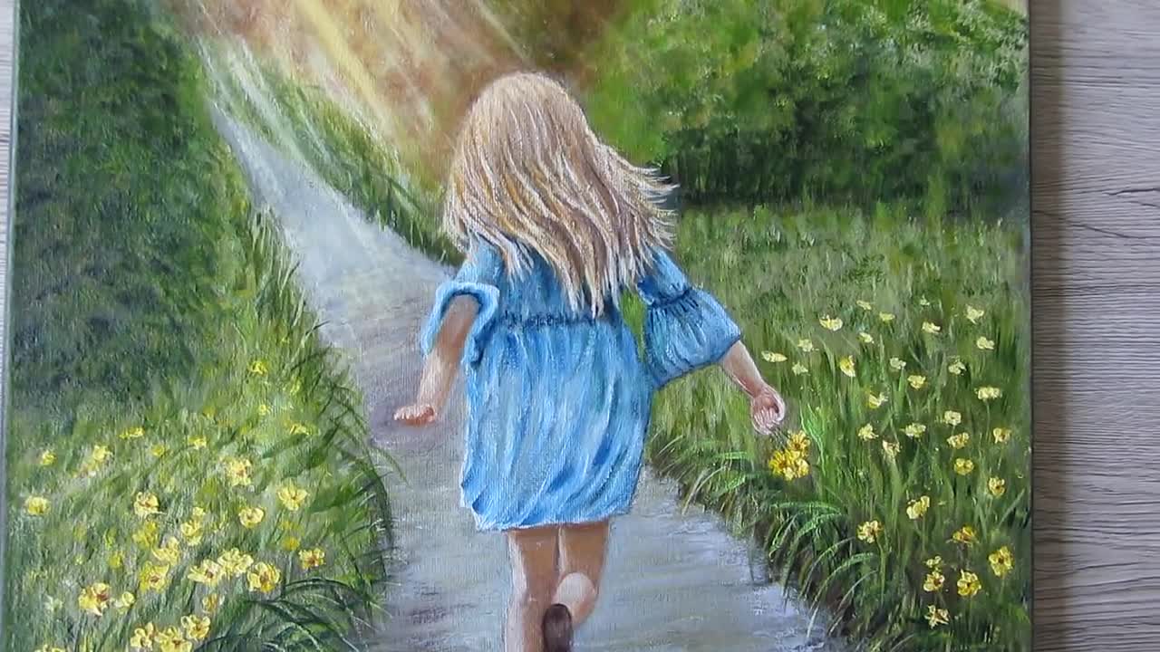 Oil Painting Original Figurative Painting Girl Flowers Footpath Sunbeams  Wall Art Canvas