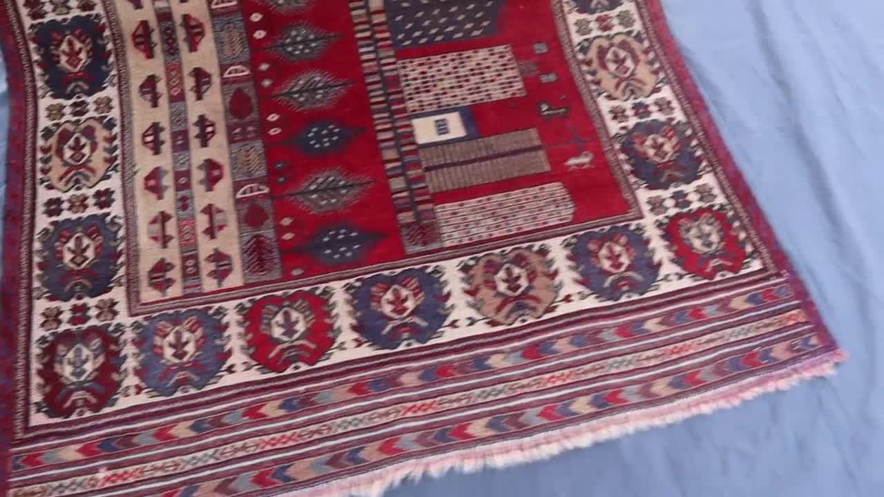 4'6x6'0 Afghan Baluchi Pictorial Rug, Red Beige Hand-made Veg Dye