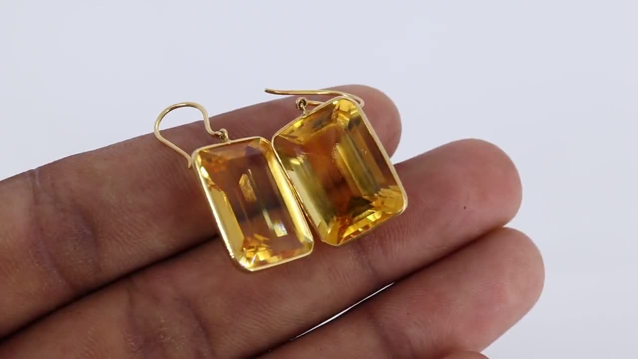 Emerald Cut Big Size Natural Citrine Stone Earrings, 18k Solid Yellow Gold  Earrings, Yellow Dangling Earrings, Citrine Gold Earrings