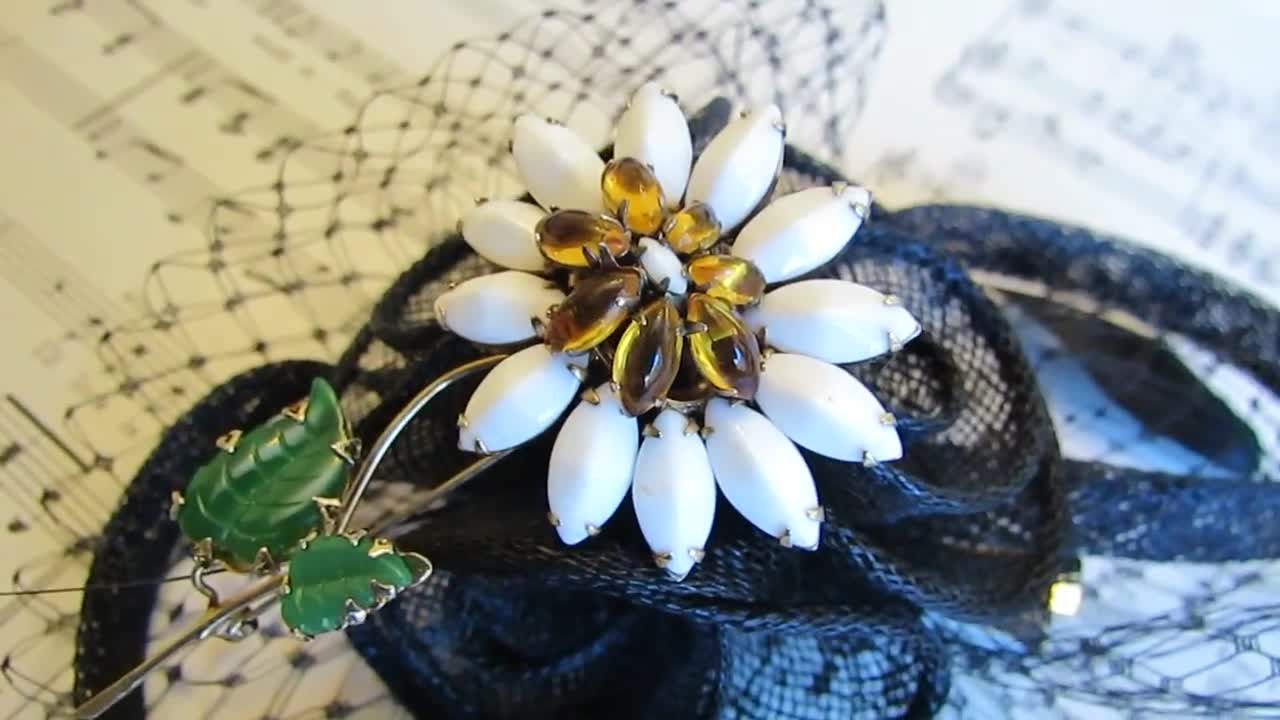 SCHREINER NY Signed Flower Brooch, White Milk Glass, Yellow