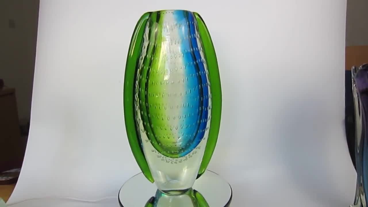 Heavy xl oval shaped murano sommerso style art glass vase blues greens u0026  bullicante