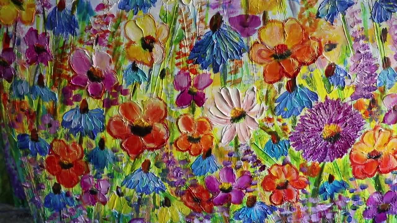 COUNTRY ZINNIAS CORNFLOWERS Original Oil Painting Square Canvas Flowers  Landscape Art by Luiza Vizoli