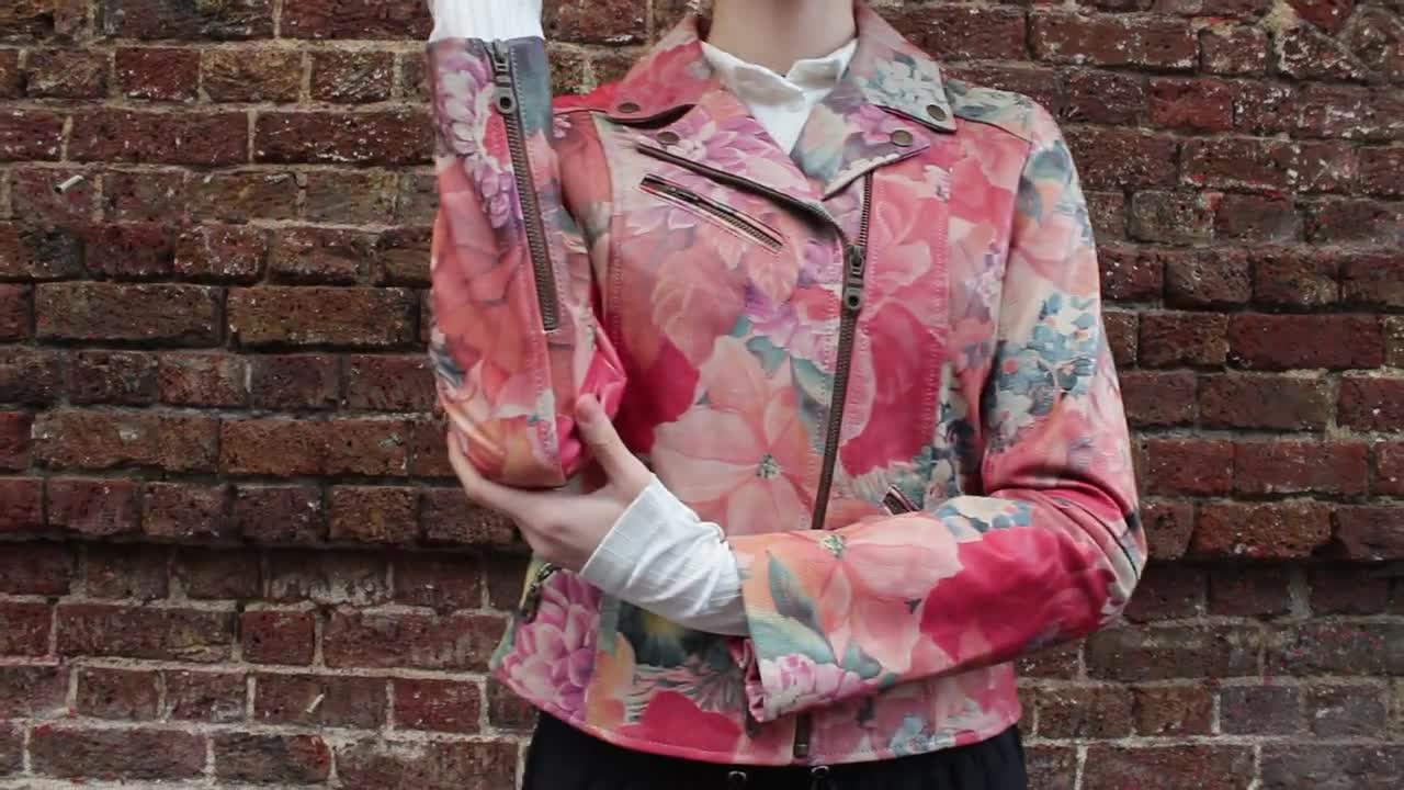 Biker Jacket With French Pink and Blue Art Printed Leather 