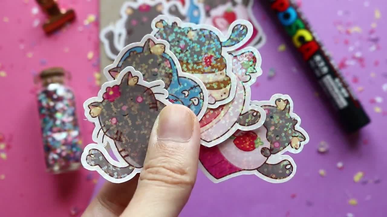 Cat Holographic OR Gloss Die Cut Vinyl Sticker, Glossy Kawaii Kitty Sticker  Pack Kawaii Planner Stickers Bullet Journal Pack of 5 