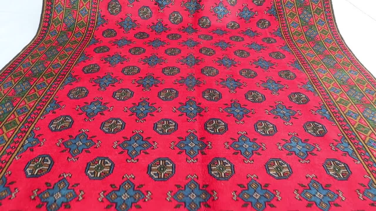 トルクメン ブハラ　 125x61cm 大型トルクメン・ブハララグ 6'5x9'4フィート、ライトレッドの