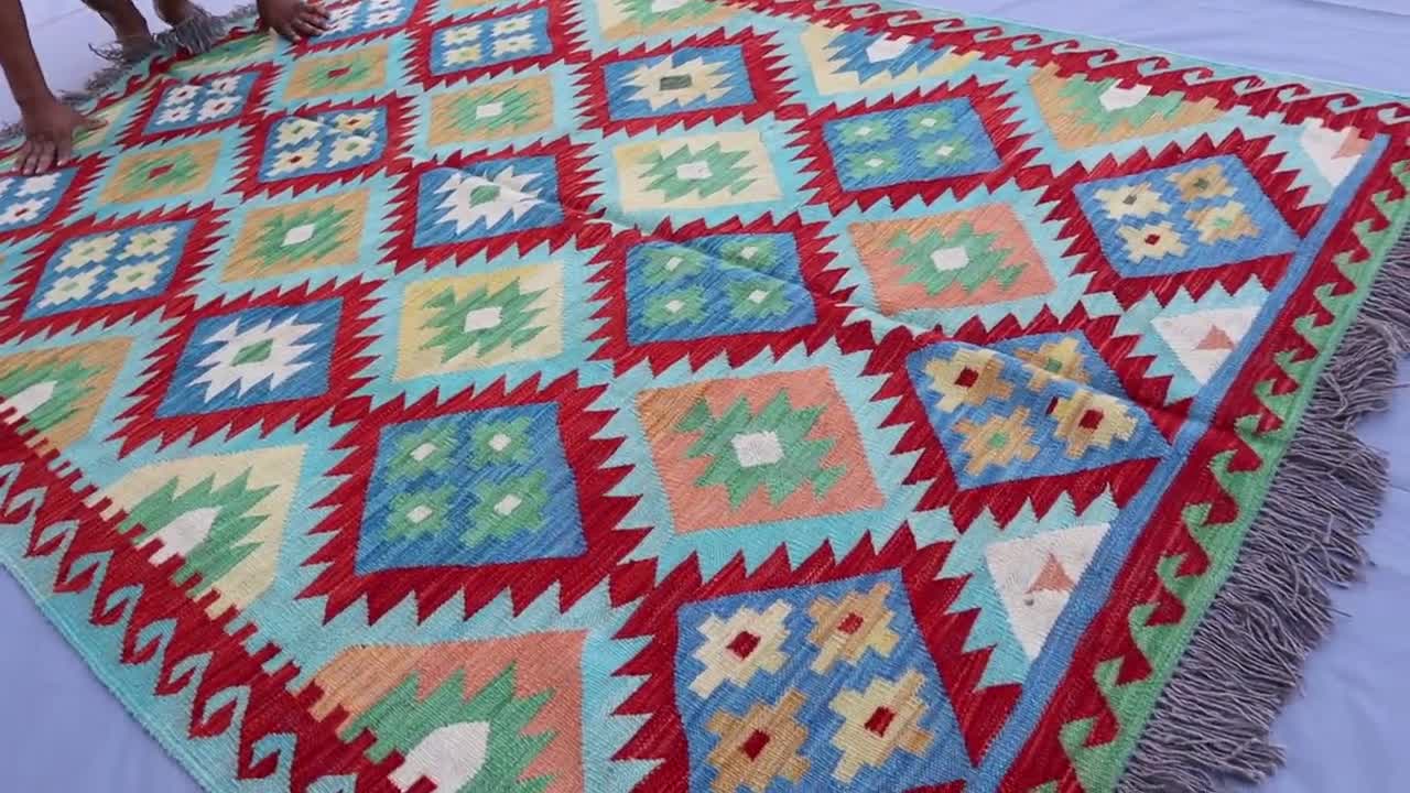 6x8 アフガニスタンキリムラグ、ソフトブルーレッドハンドメイドウール