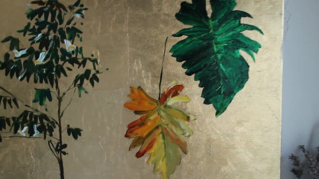 金箔の植物画：額入り抽象樹木アート（50 x 60 cm） - Etsy 日本