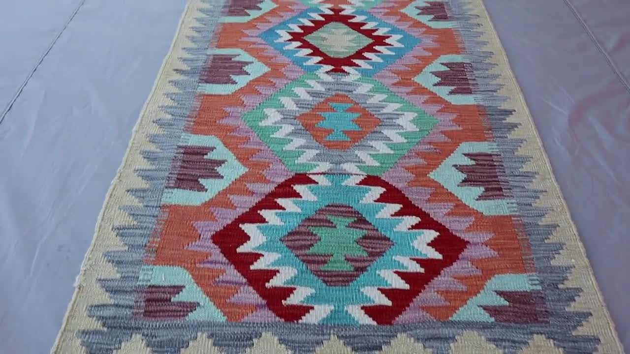 3x10 ランナー ラグ - ハンドメイド キリム 平織り ウール アフガン