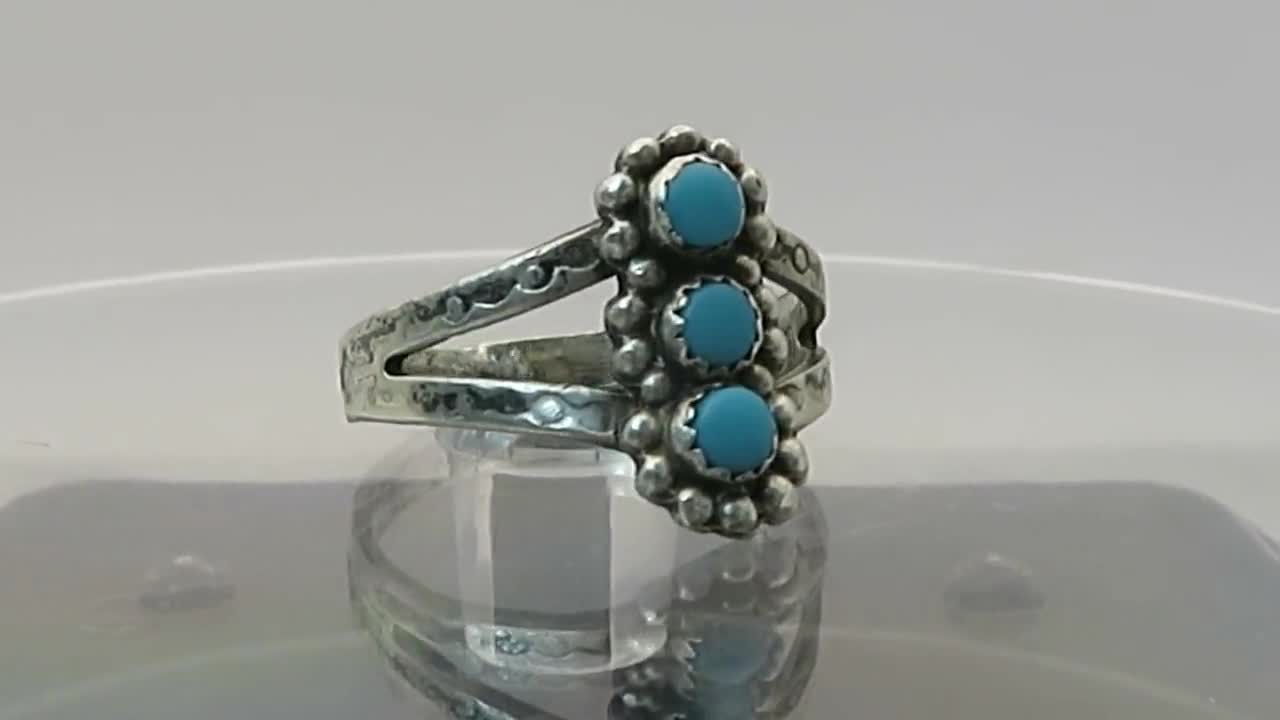 Bague Amérindienne Zuni En Argent Sterling - Turquoise Et Corail - Taille 70 - Occasion - Rare
