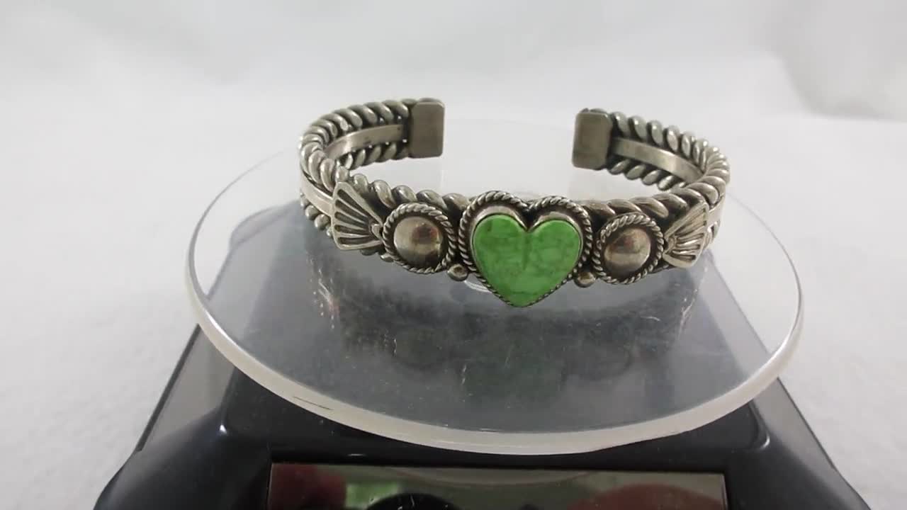 Very Rare San Felipe Green Jasper Heart Sterling Silver Bracelet Cuff