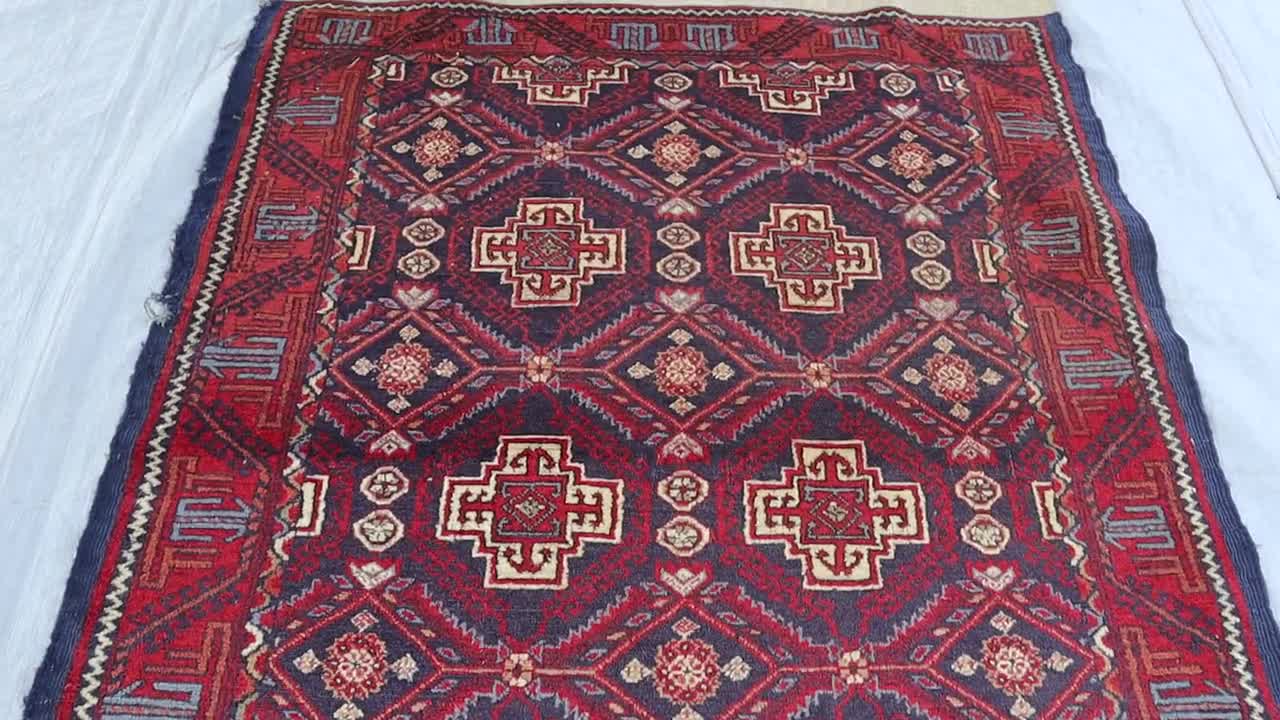 13フィートの長さのネイビーレッドのヴィンテージトルクメンワイド廊下