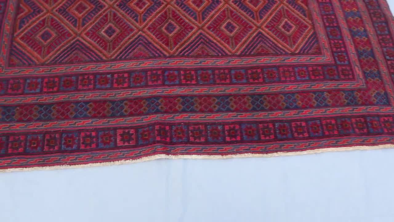 Vintage Afghan Baluch Rug – Red, Blue Diamond, Tribal Wool Carpet