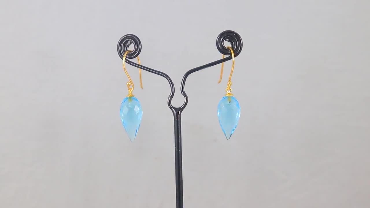 Orecchini Pendenti Geometrici In Argento Sterling Placcato Oro Con Topazio Azzurro E Quarzo Fumé