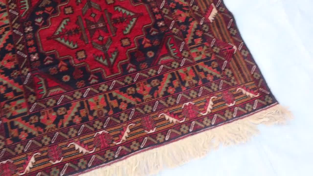 ヴィンテージ幾何学模様ラグ 4x6'5フィート、アフガニスタン手織り