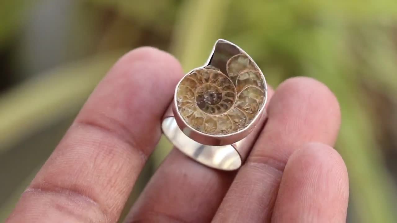 手作りのスターリングシルバー製アンモナイト化石リング - 調節可能な