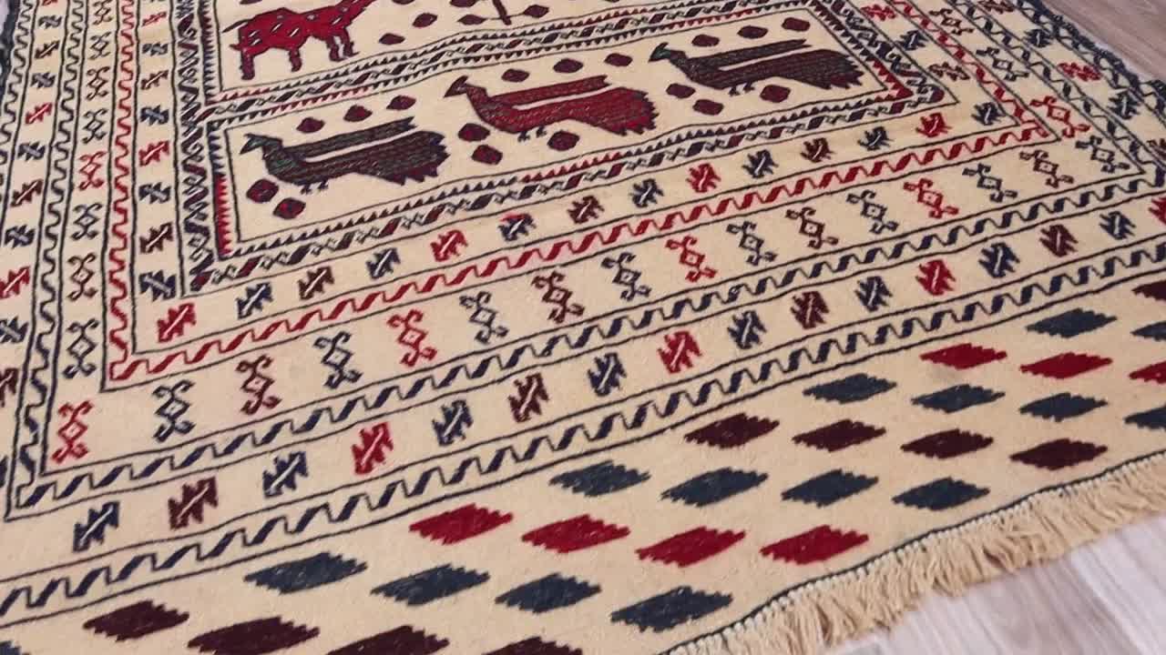 4x6 アフガン絵画動物モチーフキリムラグ - 平織りキリムラグ - 手織り