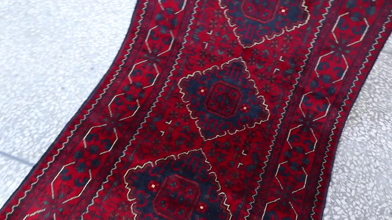 2x6 レッド アフガニスタン ボハラ ランナー ラグ、ハンドメイドの