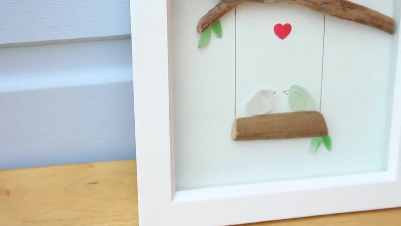 Cofest Home Decor,Sea Glass Birds,Sea Glass Art,Bird Wall Decor,Natural Sea Glass&Driftwood Picture,Framed Unique Wall Art,Suitable for Bedroom and