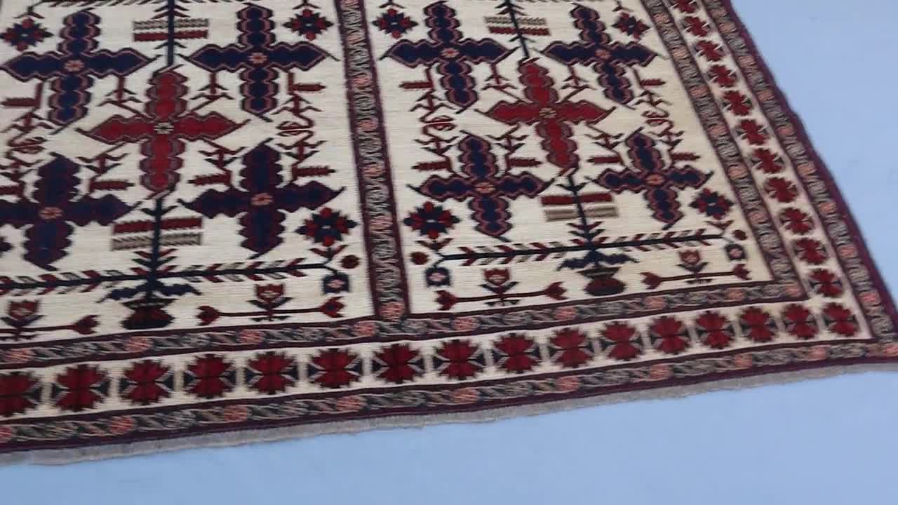 Vintage Turkmen Berjasta Rug: Afghan Tribal Geometric Wool Carpet