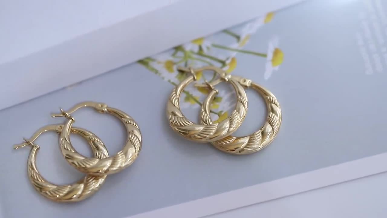 Gold Vintage buy Croissant Double Direction Patterned Twist Design Yellow Gold-Tone 14k Hoop Earring Fine Round Jewelry For Women Gifts For Her