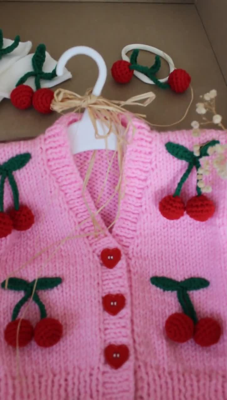 Sweater,easy ,girl Cherry Cardigan Etsy Cardigan Cardigan,pink Pink Gift,baby Cherry Suit,birthday Gift - Pattern