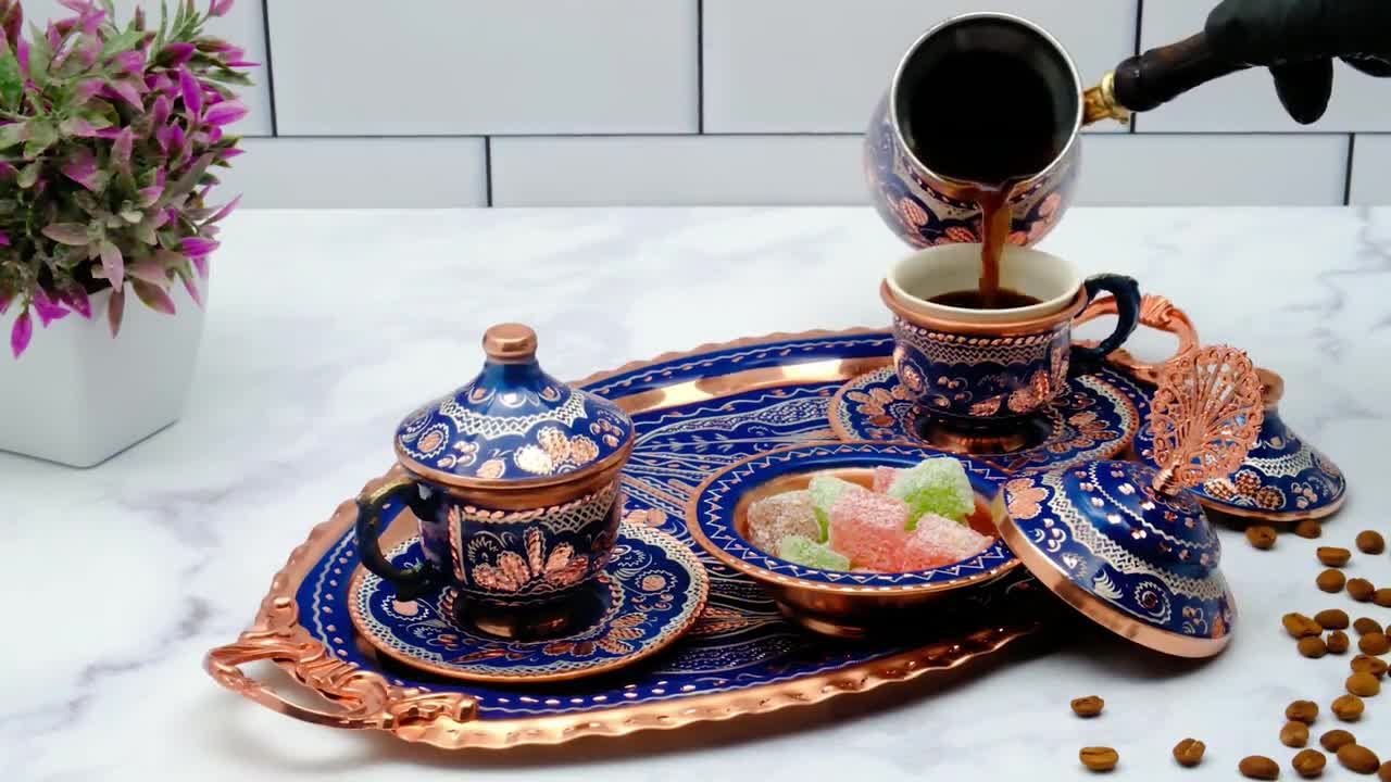 Copper Turkish Coffee Cup Set Blue: Porcelain Cups, Tray & Cezve