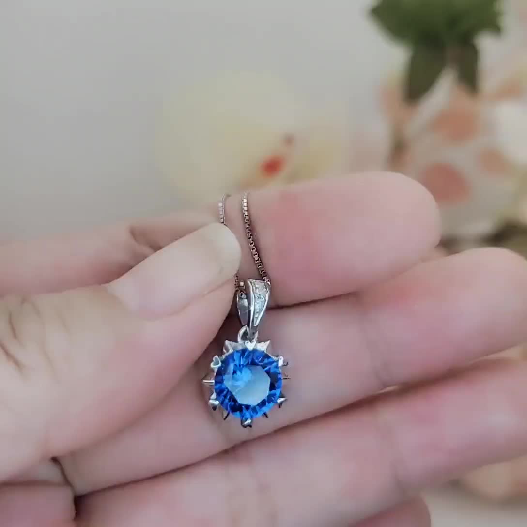 Blue Sapphire & Halo Diamond Pendant Necklace 14k White Gold 2.90ct - DM119
