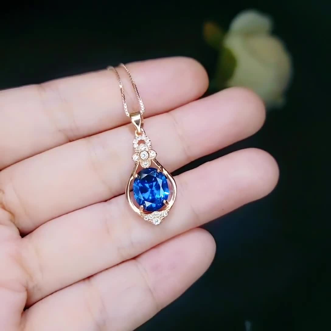  Rose Gold Blue Sapphire Necklace Sterling Silver 3 Ct